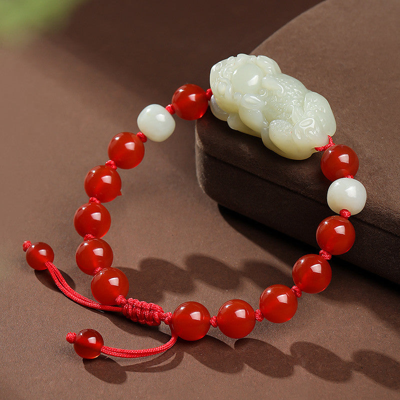 Hetian Jade Pixiu Bracelet, Adjustable Cord Single Loop Couple Bracelet for Men & Women