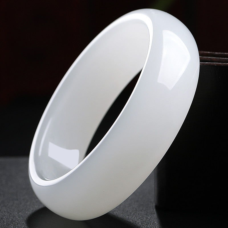 Heritage Grade Hetian Jade Bangle, Creamy White Wide Band Peace Bracelet