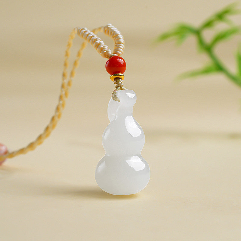 White & Lake Green Hetian Jade Small Gourd Pendant, Fortune Blessing Jade Charm