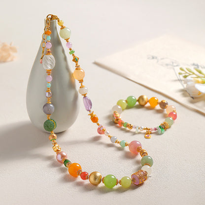 National Elegance Multi-gem Hetian Jade Bracelet & Necklace, Birthday Gift with Certificate