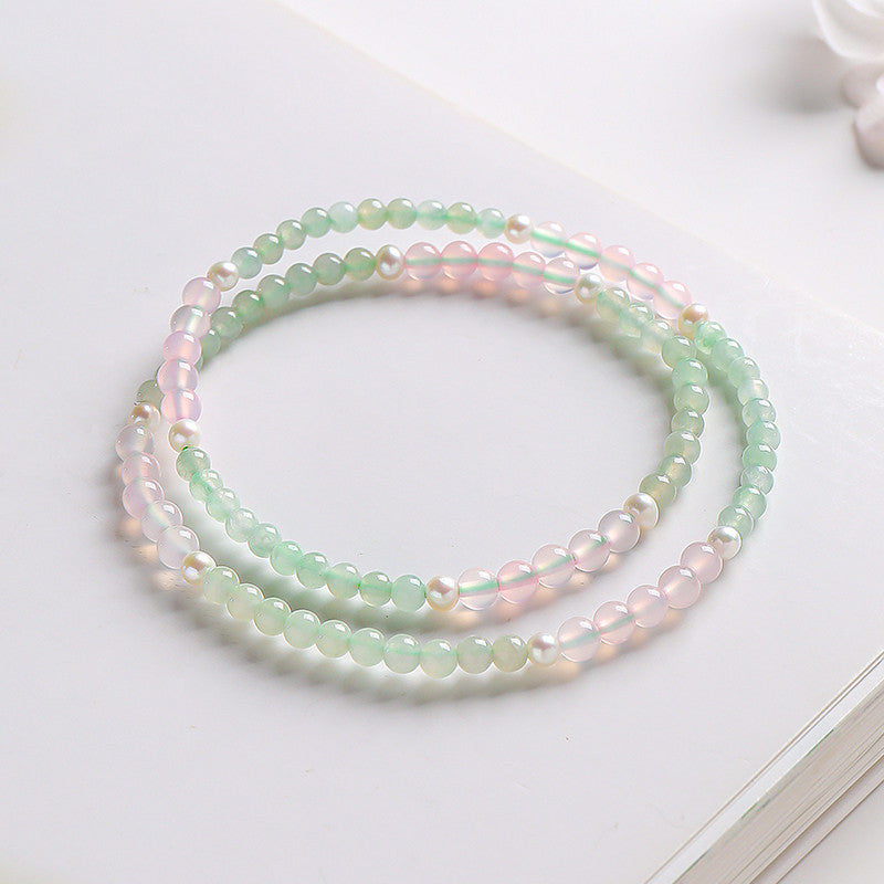 DIY Mini Bead Jadeite Bracelet, Women's Double-loop Bracelet with Pink Chalcedony, Fresh & Versatile