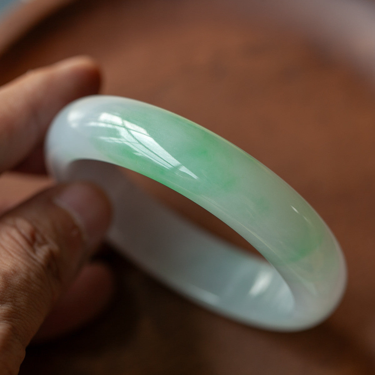 57MM Natural Grade A Ice Species Emerald Bangle, Translucent Fine Texture White Base with Green Floating Pattern Round Bracelet, With Certificate & Collectible High-Grade Jade Jewelry