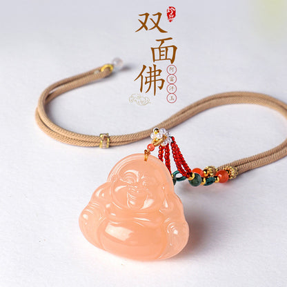 Afghan Jade Double-Sided Buddha Pendant, Traditional Chinese Style Necklace with Agate, Literary Jade Accessory, With Certificate & Collectible Value