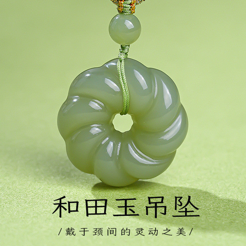 Unisex Hetian Pale Cyan Jade Twisted Pattern Full Peace Buckle Pendant, Festival Gift