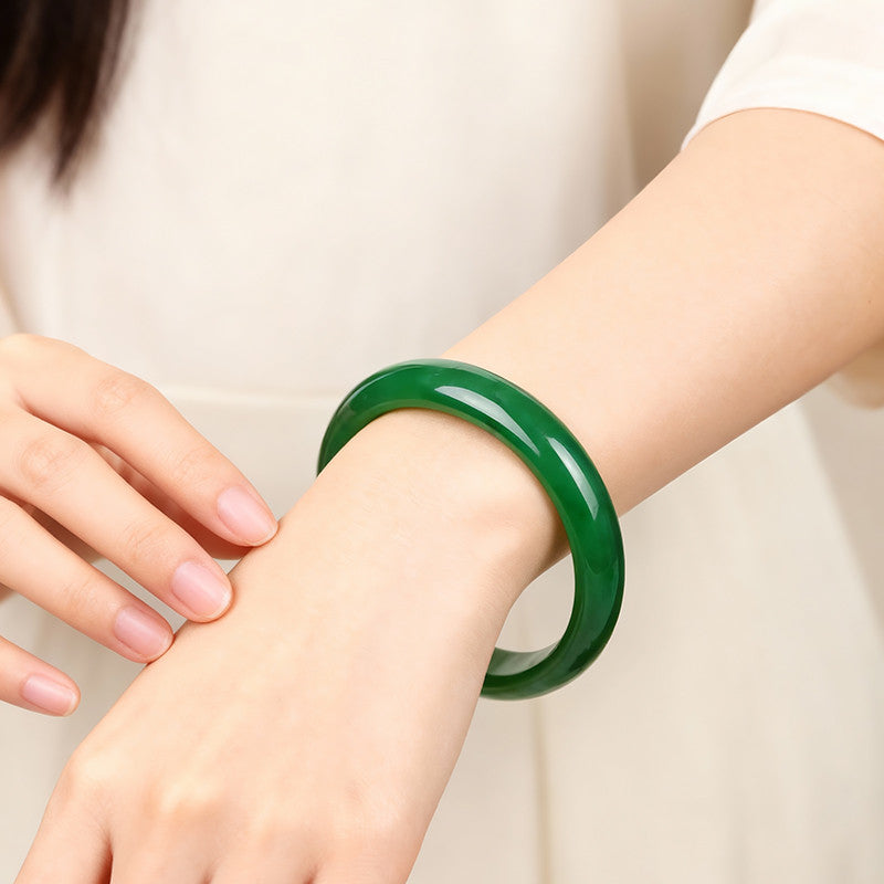 Women's Hetian Jasper Bangle, Spinach Green Peace Style Jade Bracelet