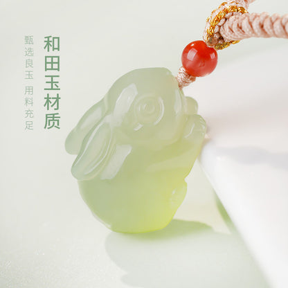 Plump Cute Rabbit Hetian Jade Pendant, Light Green Jade Chinese Zodiac Pendant, Unisex