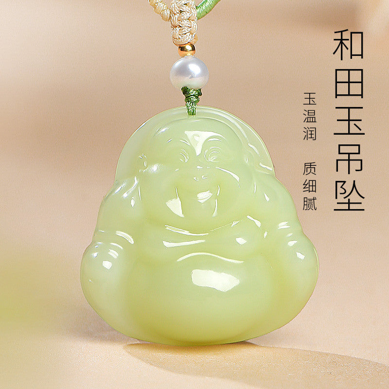 Blessing Harvest｜Yellow Skin Hetian Jade Double-Sided Carved Maitreya Pendant, Women Buddha Holiday Gift