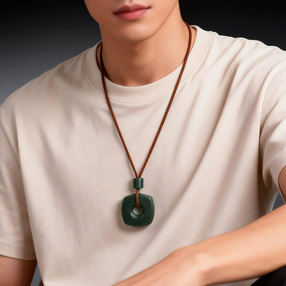 Chinese Retro Style Hetian Green Jade Square Plaque & Peace Buckle Pendant, Festival Gift