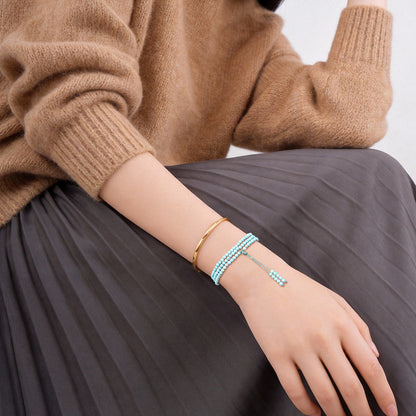 Natural Raw Turquoise Bracelet, High-Porcelain Round Beads, New Chinese Style Multi-Layer Wenwan Bangle, Festival Gift