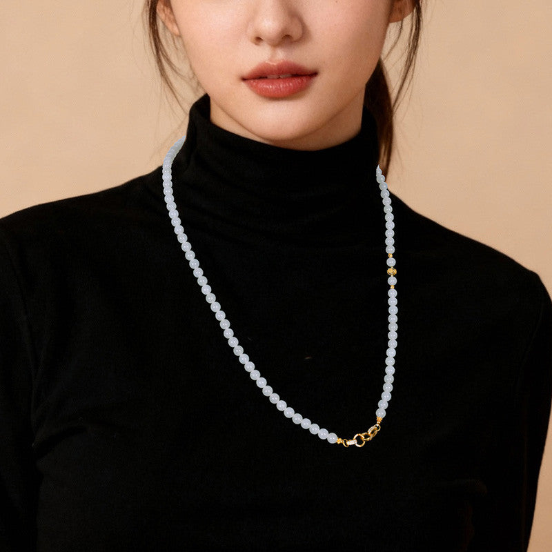 White Hetian Jade Necklace, Elegant Chinese Style Beaded Chain for Women, Dual-use Sweater Chain & Neck Ornament