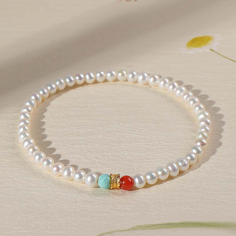 Light Luxury Freshwater Pearl Bracelet, Multi-gem Bracelet with Mini Pearls, Tourmaline & Turquoise