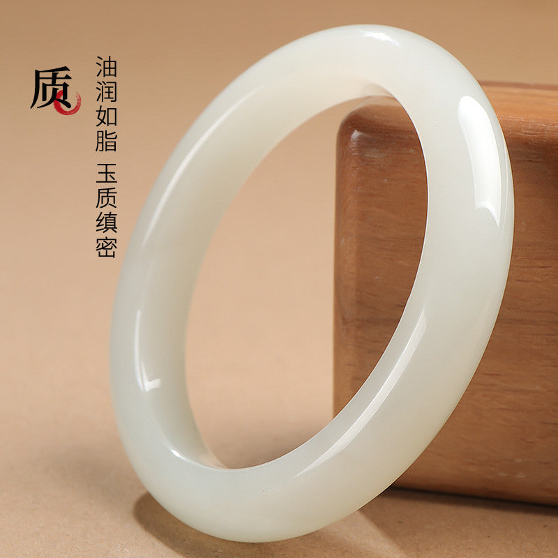 Premium Choice Oily White Hetian Jade Peace Bangle, Holiday Gift for Girlfriend & Mom