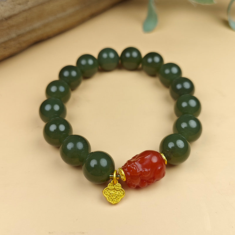 Unisex Cyan-yellow Hetian Jade Pixiu Bracelet