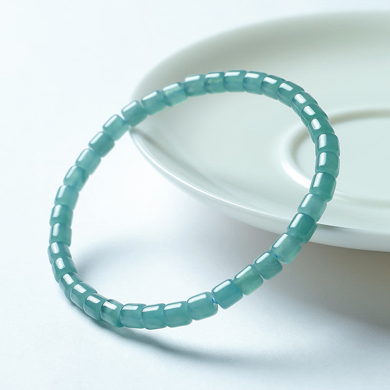 Women's Translucent Blue Water Emerald Barrel Bead Bracelet, Simple Lucky Loop Jade Bangle