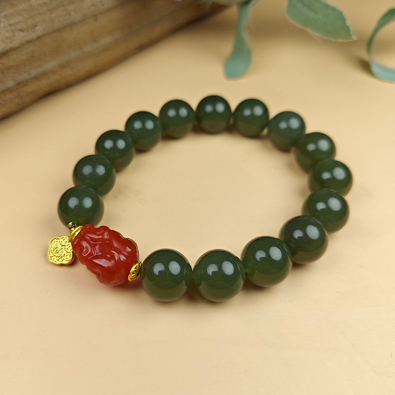 Unisex Cyan-yellow Hetian Jade Pixiu Bracelet