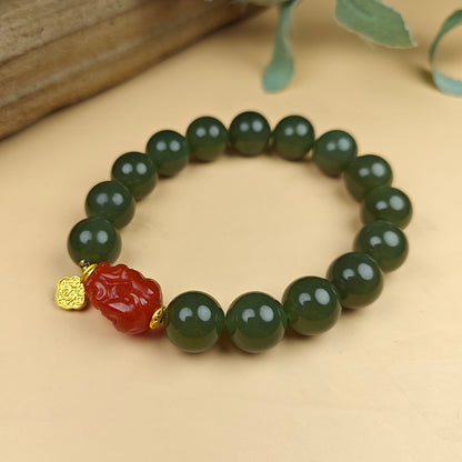 Unisex Cyan-yellow Hetian Jade Pixiu Bracelet