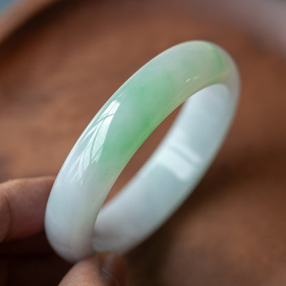 57MM Natural Grade A Ice Species Emerald Bangle, Translucent Fine Texture White Base with Green Floating Pattern Round Bracelet, With Certificate & Collectible High-Grade Jade Jewelry