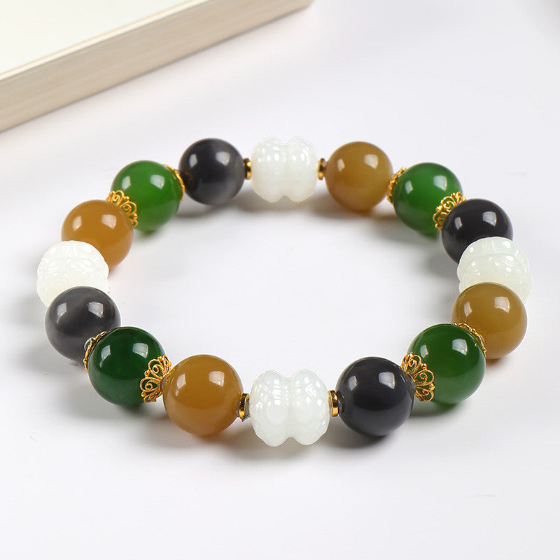 Hetian Jade Multi-Color Beaded Bracelet, Carved White Jade Lotus Bangle, Festival Gift