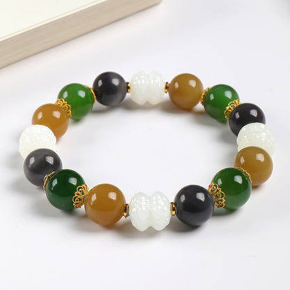 Hetian Jade Multi-Color Beaded Bracelet, Carved White Jade Lotus Bangle, Festival Gift