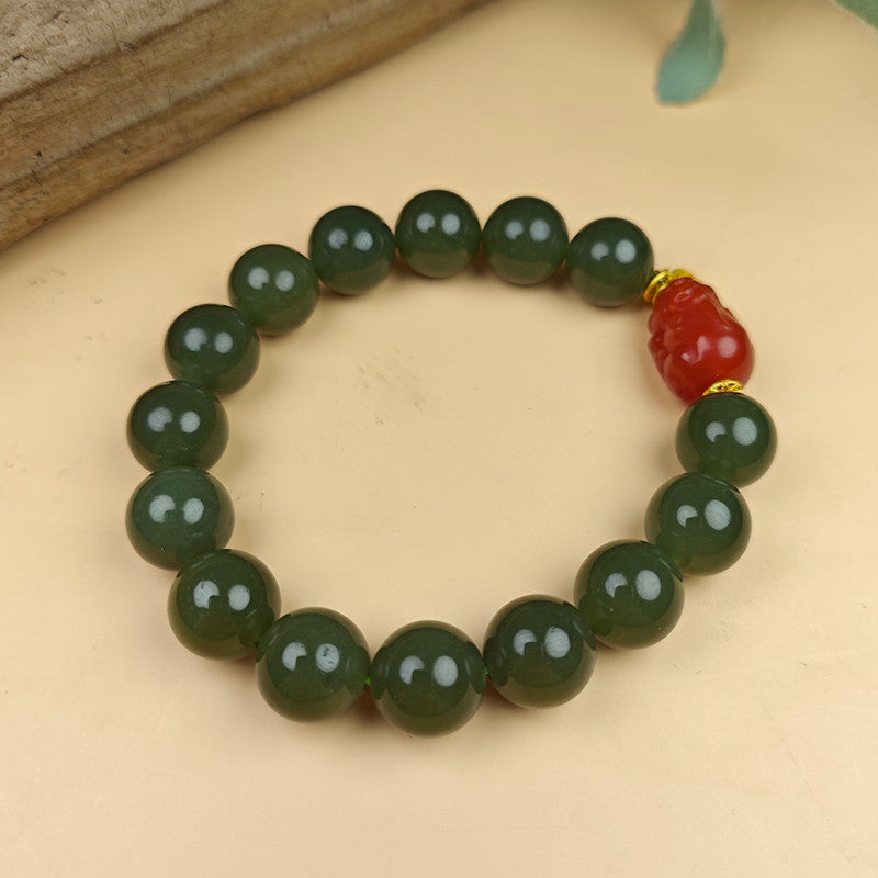 Unisex Cyan-yellow Hetian Jade Pixiu Bracelet