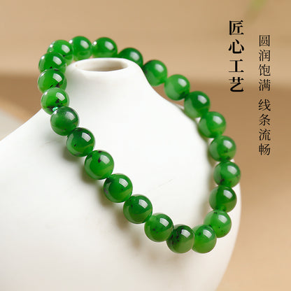 8mm Glossy Spinach Green Hetian Jasper Bracelet, Round Bead Single-loop Bangle