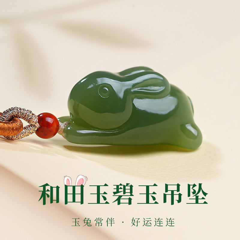Hetian Jasper Duck-Egg Green Rabbit Pendant, Cute Lying Rabbit Jade Charm for Men & Women, Holiday Gift, With Certificate & Collectible Value