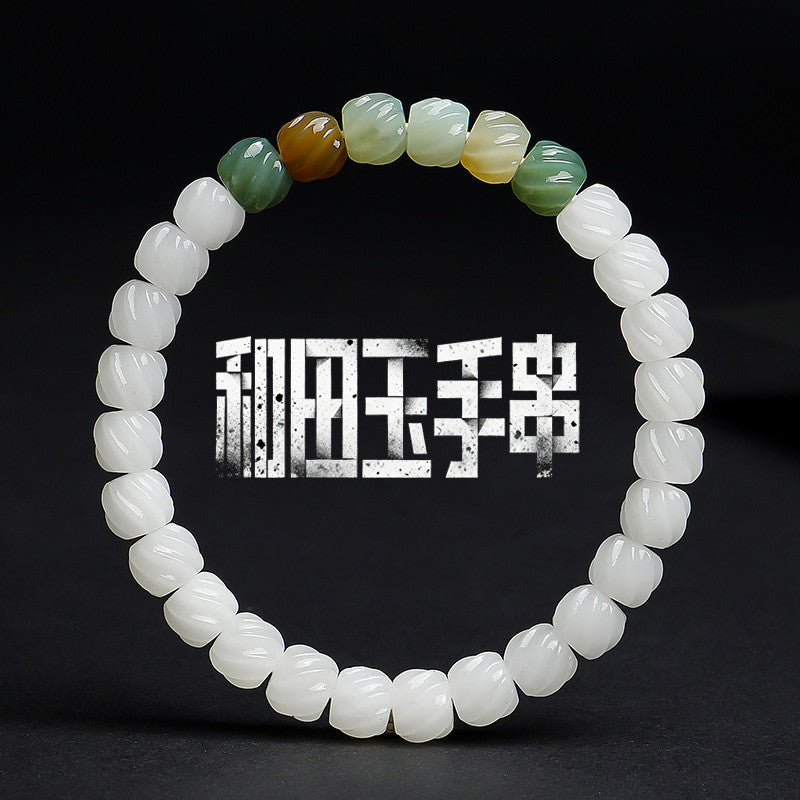 Women's Hetian Jade Bracelet, White Jade Twisted Beads Multi-Gem Single-Circle Bangle