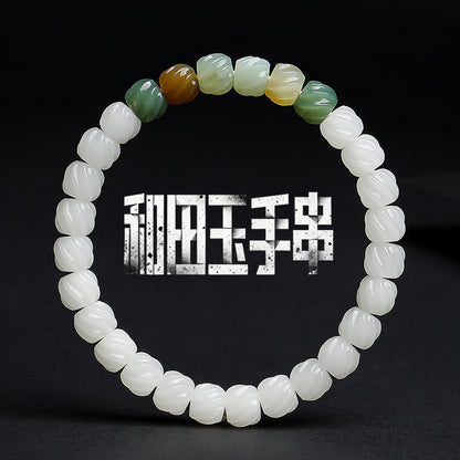 Women's Hetian Jade Bracelet, White Jade Twisted Beads Multi-Gem Single-Circle Bangle