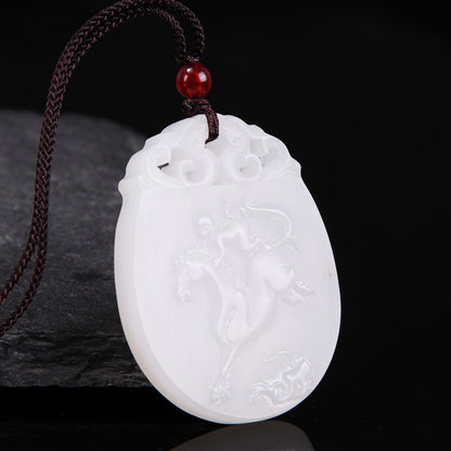 White Hetian Jade Pendant, Fine Carved Pixiu & Guanyin Pendant, Greasy Glossy High White Jade