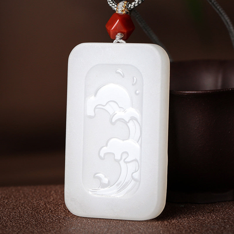 Double-Sided Carved Water Pattern White Hetian Jade Pendant, Couple Jade Ornament with Cord for Gifting