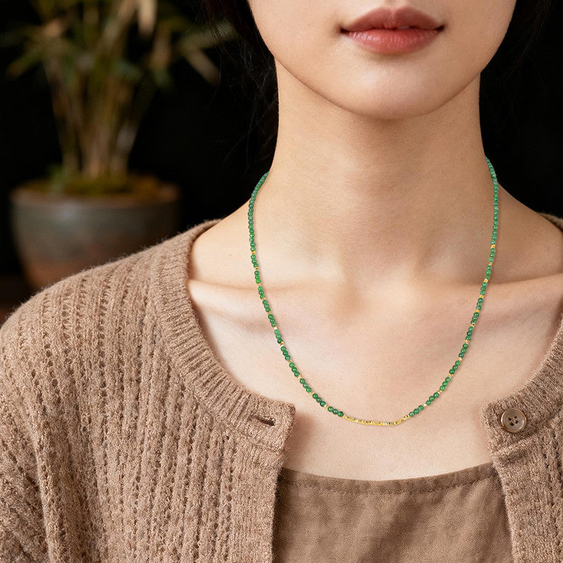 Imperial Green Jadeite Mini Bead Necklace, 3mm Clavicle Chain with Certificate