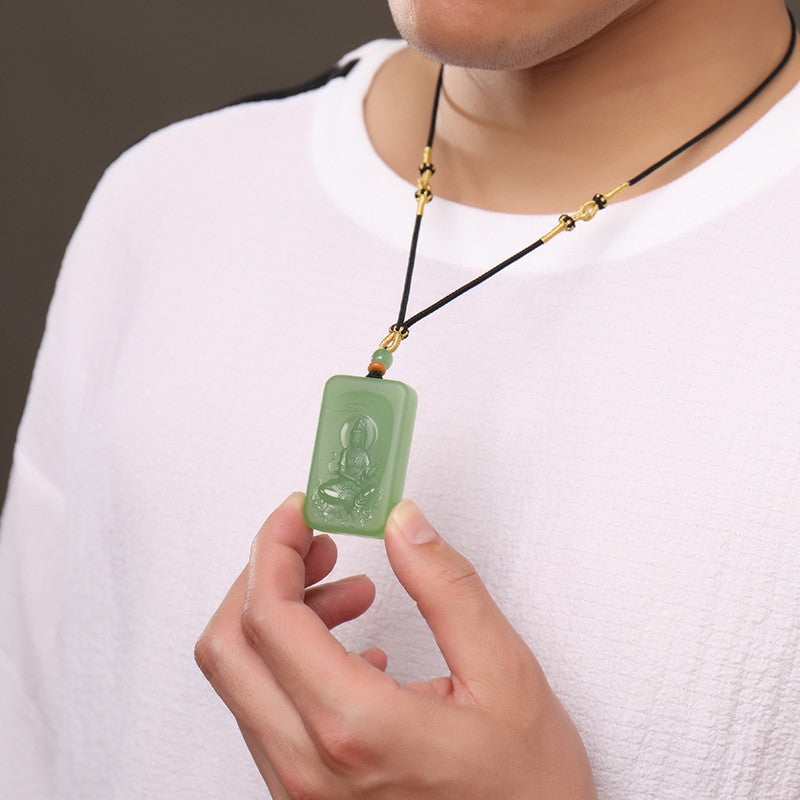 Men's Hetian Pale Cyan Jade Pendant, Double-Sided Carved Guanyin Jade Charm