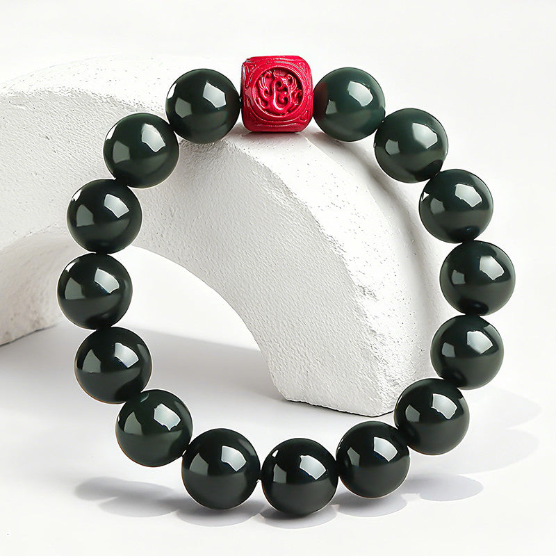 Dark Green Hetian Jade Barrel Bead Bracelet with Cinnabar Pixiu, Unisex Multi-gemstone Lucky Bracelet
