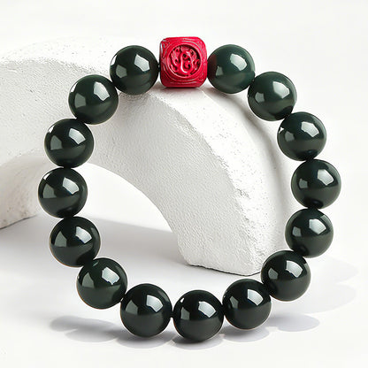Dark Green Hetian Jade Barrel Bead Bracelet with Cinnabar Pixiu, Unisex Multi-gemstone Lucky Bracelet