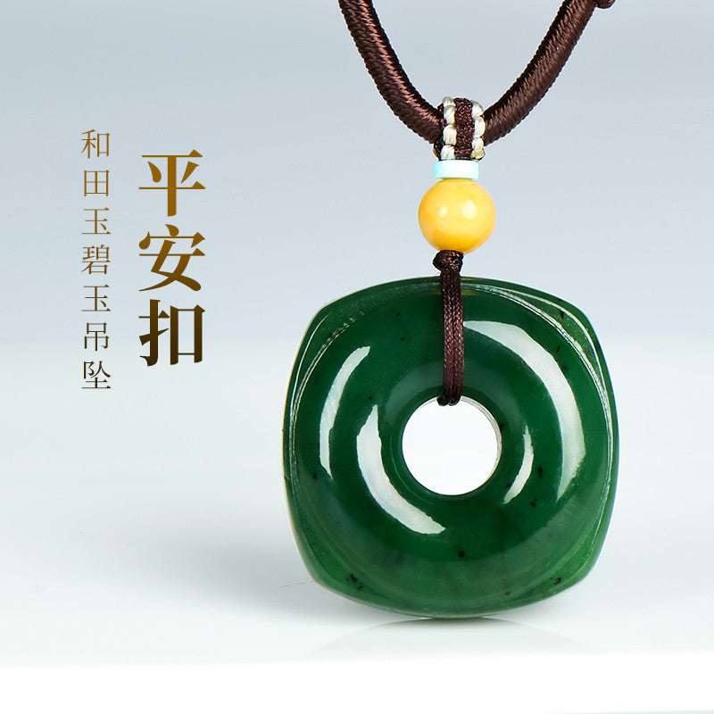 Square & Round Blessing｜High-Oil Spinach Green Jasper Heaven-Earth Style Hetian Jade Safety Buckle Pendant Unisex
