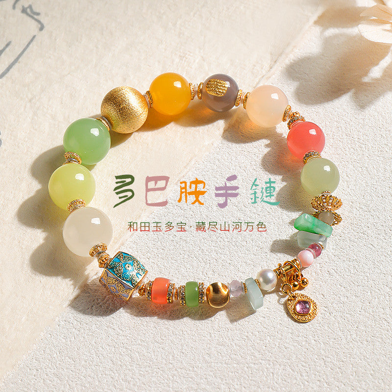 National Elegance Multi-gem Hetian Jade Bracelet & Necklace, Birthday Gift with Certificate