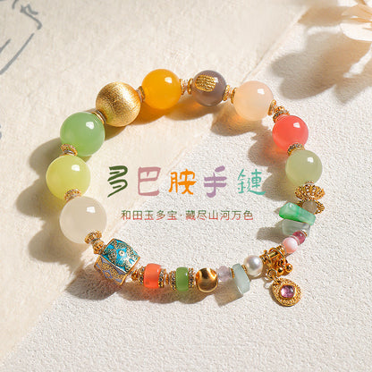 National Elegance Multi-gem Hetian Jade Bracelet & Necklace, Birthday Gift with Certificate