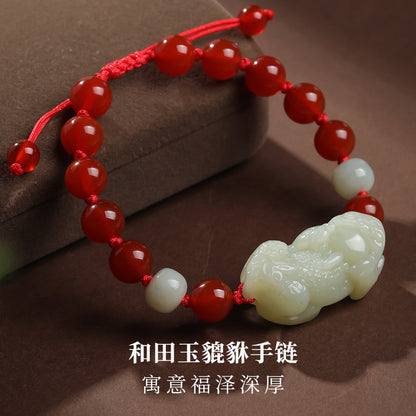 Hetian Jade Pixiu Bracelet, Adjustable Cord Single Loop Couple Bracelet for Men & Women
