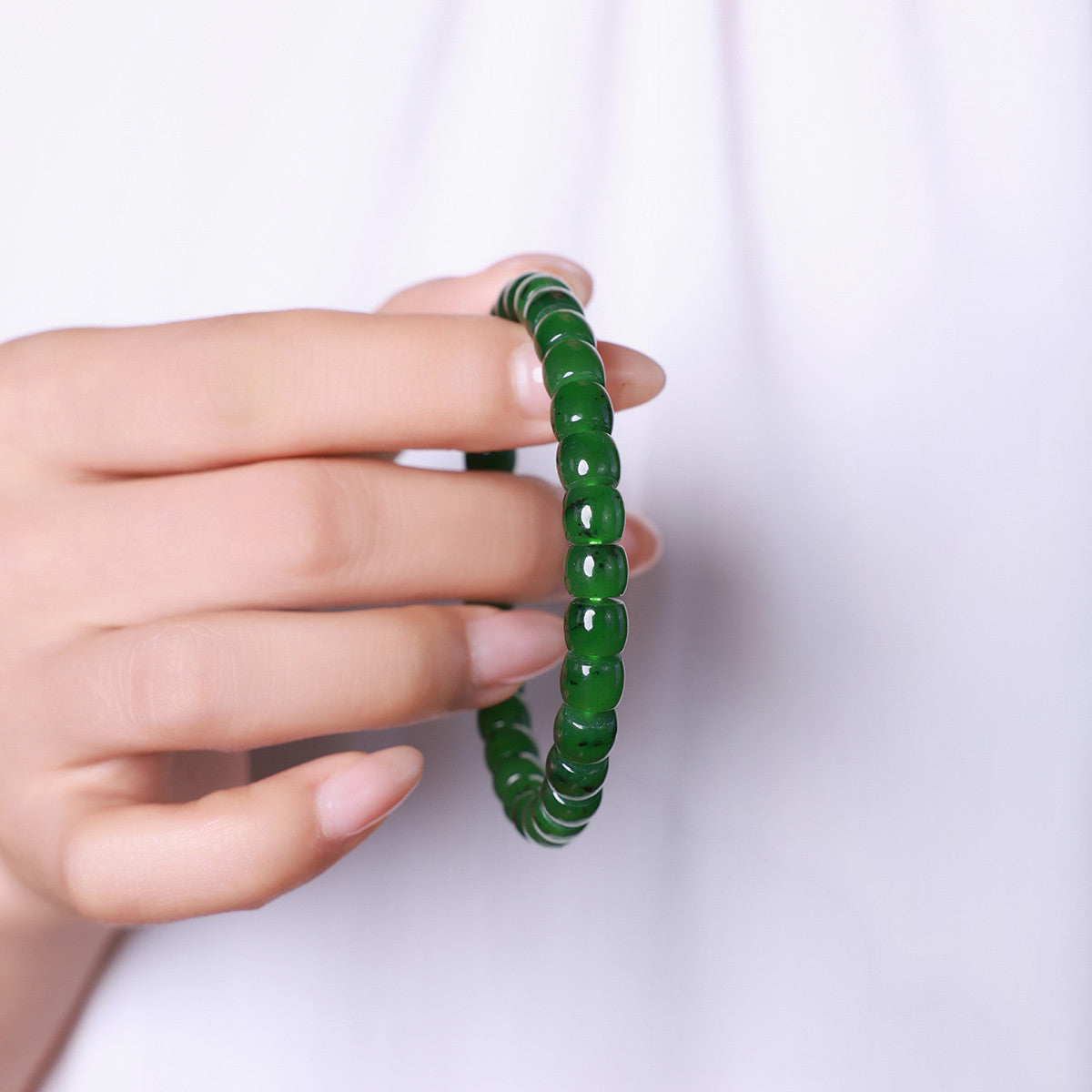 Hetian Jasper Single-loop Bracelet with Straight-cut Beads, Unisex Jade Bangle