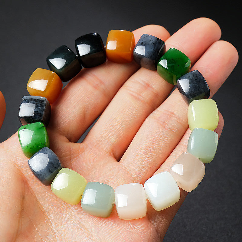 Unisex Hetian Jade Bracelet, Square Multi-Color Mixed Gem Beads, Handheld Bangle, Festival Gift