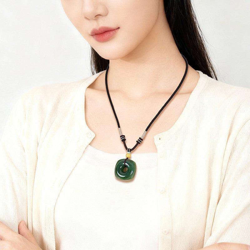 Square & Round Blessing｜High-Oil Spinach Green Jasper Heaven-Earth Style Hetian Jade Safety Buckle Pendant Unisex