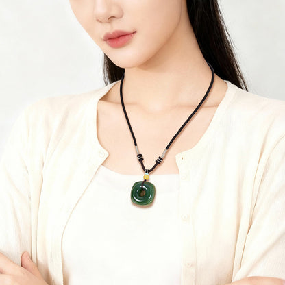 Square & Round Blessing｜High-Oil Spinach Green Jasper Heaven-Earth Style Hetian Jade Safety Buckle Pendant Unisex