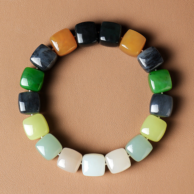 Blend with the World | Unisex Multi-color Hetian Jade Square Bead Bracelet & Handheld Ornament