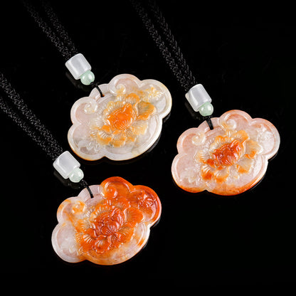 Natural Burmese Icy Jadeite Burnt Red Ruyi Peony Pendant, Unisex Jade Necklace, With Certificate & Collectible Value