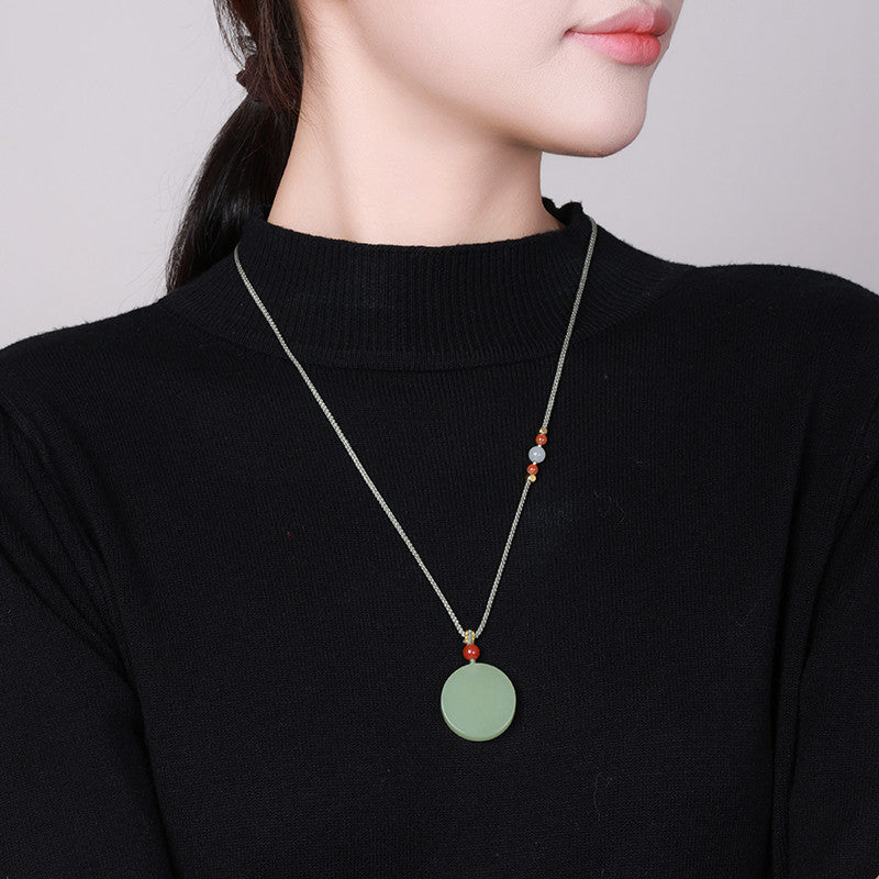 Unisex Hetian Pale Cyan Jade Round Plain Pendant