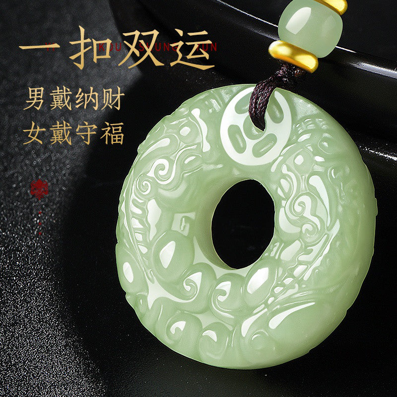 Double-Carved Hetian Jade Pixiu Pendant, Unisex Peace Buckle Jade Amulet
