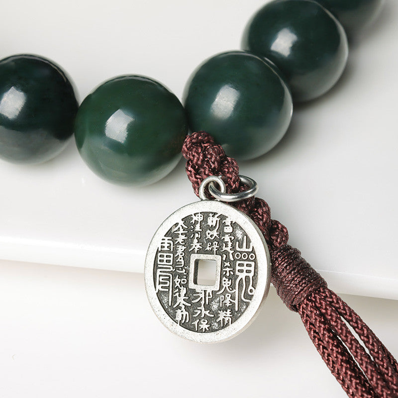Unisex Green Hetian Jade Bracelet & Hand String with Mountain Ghost Coin, Festival Gift