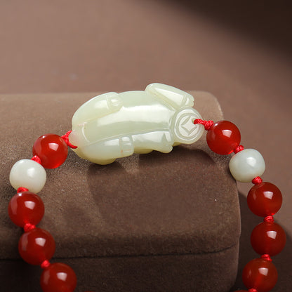 Hetian Jade Pixiu Bracelet, Adjustable Cord Single Loop Couple Bracelet for Men & Women