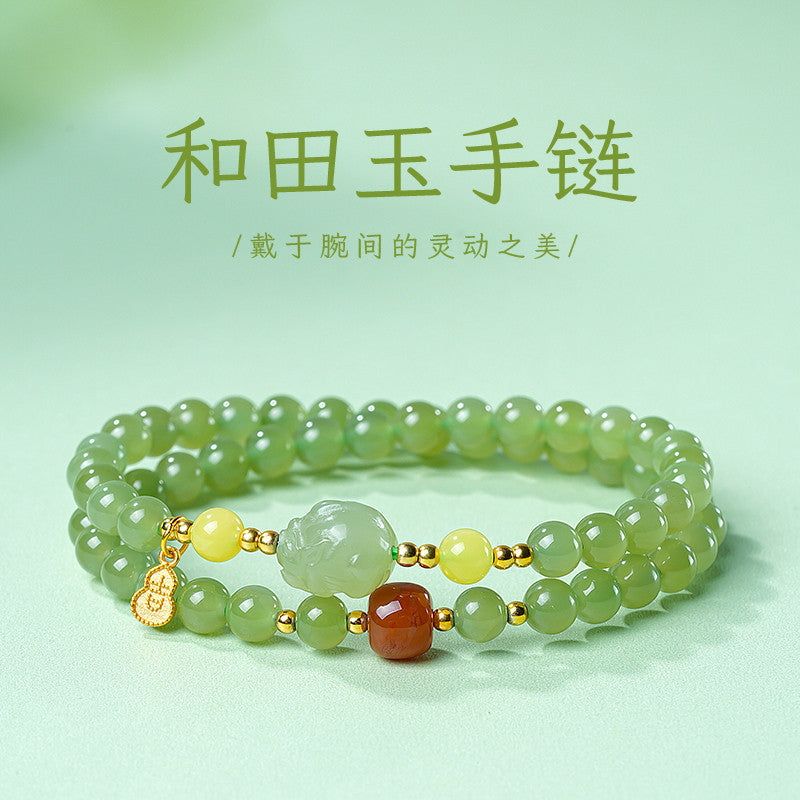 Icy Clear Water Light Cyan Hetian Jade Double-row Bracelet with Pixiu, Fashion Versatile Jewelry, Festival Gift