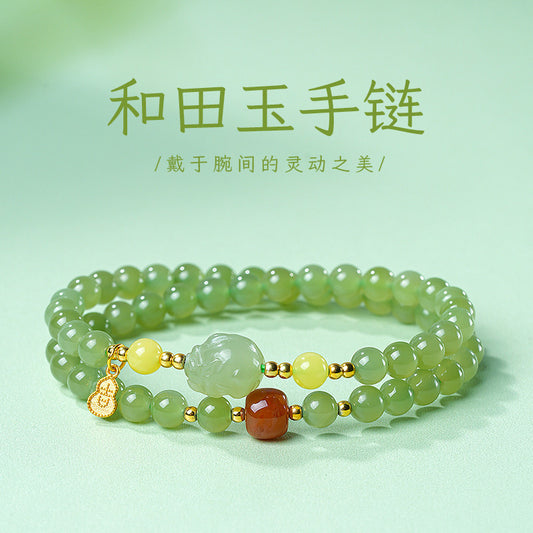 Icy Clear Water Light Cyan Hetian Jade Double-row Bracelet with Pixiu, Fashion Versatile Jewelry, Festival Gift